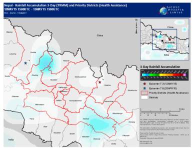 Nepal - Rainfall Accumulation 3-Day (TRMM) and Priority Districts (Health Assistance) 12MAY15 1500UTC - 15MAY15 1500UTC PDC - EQ7.8 - TRMM017 Manang