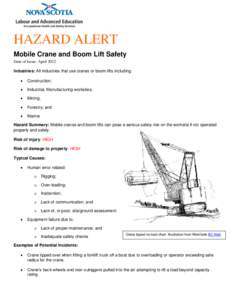 HAZARD ALERT Mobile Crane and Boom Lift Safety Date of Issue: April 2012 Industries: All industries that use cranes or boom lifts including: 