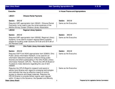 State Library Board  Main Operating Appropriations Bill In House Finance and Appropriations  Executive