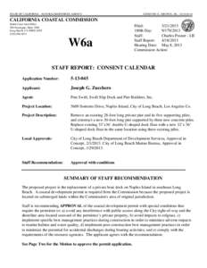 California Coastal Commission Staff Report and Recommendation Regarding Permit Application No[removed]Joseph Zucchero, Long Beach)