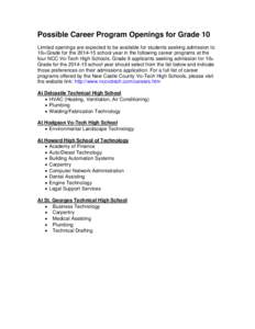 Possible Career Program Openings for Grade 10 Limited openings are expected to be available for students seeking admission to 10th Grade for the[removed]school year in the following career programs at the four NCC Vo-Tec