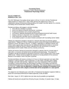 Counseling Center University of North Carolina Wilmington Postdoctoral Psychology Fellows Vacancy #15E073/74 Positions # 1441, 1375