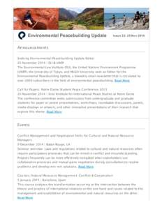 Environmental Peacebuilding Update  Issue 23: 25 Nov 2014 Announcements Seeking Environmental Peacebuilding Update Editor