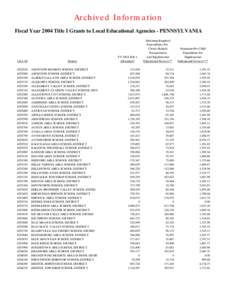 Archived Information Fiscal Year 2004 Title I Grants to Local Educational Agencies - PENNSYLVANIA LEA ID[removed]