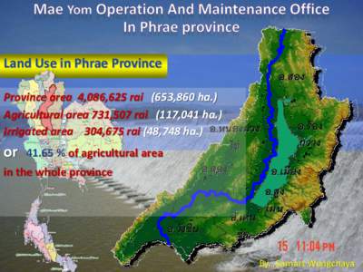 Land Use in Phrae Province  อ.สอง Province area 4,086,625 rai (653,860 ha.) Agricultural area 731,507 rai (117,041 ha.)