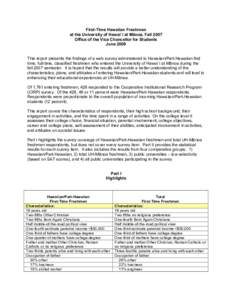 First-Time Hawaiian Freshmen at the University of Hawai΄i at Mānoa, Fall 2007 Office of the Vice Chancellor for Students June 2008 This report presents the findings of a web survey administered to Hawaiian/Part-Hawaiia