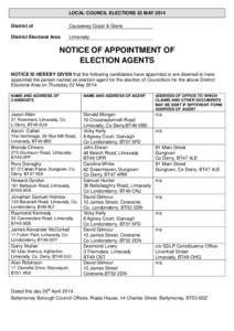 LOCAL COUNCIL ELECTIONS 22 MAY 2014 District of Causeway Coast & Glens  District Electoral Area