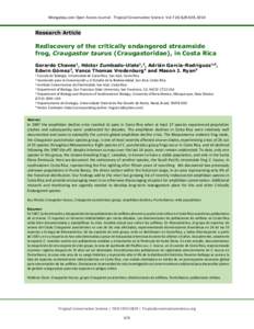 Mongabay.com Open Access Journal - Tropical Conservation Science Vol.7 (4):, 2014  Research Article Rediscovery of the critically endangered streamside frog, Craugastor taurus (Craugastoridae), in Costa Rica