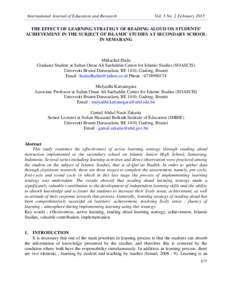 International Journal of Education and Research  Vol. 3 No. 2 February 2015 THE EFFECT OF LEARNING STRATEGY OF READING ALOUD ON STUDENTS’ ACHIEVEMENT IN THE SUBJECT OF ISLAMIC STUDIES AT SECONDARY SCHOOL