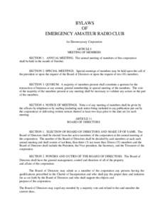 BYLAWS OF EMERGENCY AMATEUR RADIO CLUB An Eleemosynary Corporation ARTICLE I MEETING OF MEMBERS