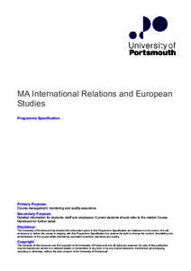 MA International Relations and European Studies Programme Specification Primary Purpose: Course management, monitoring and quality assurance.