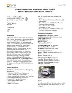 January[removed]Demonstration and Evaluation of U.S. Postal Service Electric Carrier Route Vehicles Southern California Edison Electric Vehicle Technical Center