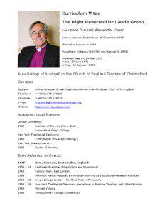 Curriculum Vitae The Right Reverend Dr Laurie Green Laurence (Laurie) Alexander Green