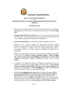 Tanzania National Parks Bid No. PAHQ/W/15 For PROPOSED DESIGN AND BUILD OF BIO-REMEDIATION RECLYING TOILETS Invitation for Bids