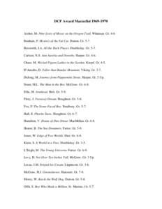 DCF Award Masterlist[removed]Archer, M. Nine Lives of Moses on the Oregon Trail. Whitman. Gr[removed]Bonham, F. Mystery of the Fat Cat. Dutton. Gr[removed]Bosworth, J.A. All the Dark Places. Doubleday. Gr[removed]Carlson, N.