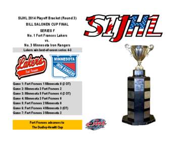 SIJHL 2014 Playoff Bracket (Round 3) BILL SALONEN CUP FINAL SERIES F No. 1 Fort Frances Lakers vs. No. 3 Minnesota Iron Rangers