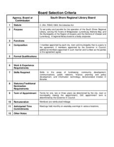 Board Selection Criteria Agency, Board or Commission South Shore Regional Library Board