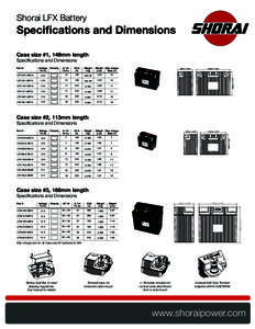 Shorai LFX Battery  Specifications and Dimensions Case size #1, 148mm length Specifications and Dimensions Part #