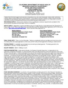 CALIFORNIA DEPARTMENT OF PUBLIC HEALTH RESEARCH SCIENTIST SUPERVISOR I (FOOD AND DRUG SCIENCES) OPEN EXAMINATION CONTINUOUS TESTING LR35[removed]