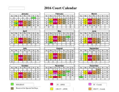 2016 Court Calendar January February  Su