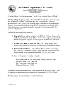 United States Department of the Interior NATIONAL PARK SERVICE Rosie the Riveter/World War II Home Front National Historical Park 440 Civic Center Plaza, Suite 300 Richmond, California 94804