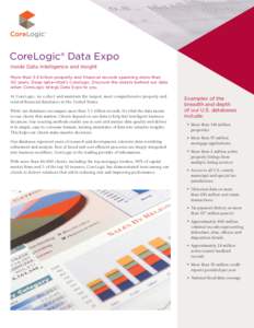 CoreLogic® Data Expo Inside Data Intelligence and Insight More than 3.5 billion property and ﬁnancial records spanning more than 40 years. Deep data—that’s Corelogic. Discover the details behind our data when Cor