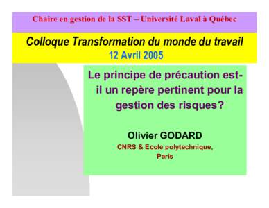 Chaire en gestion de la SST – Université Laval à Québec  Colloque Transformation du monde du travail 12 Avril 2005 Le principe de précaution estil un repère pertinent pour la gestion des risques?