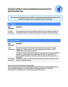 A	
  Parent’s	
  Guide	
  to	
  Tennessee	
  Student	
  Assessments	
  in	
  the	
   2014-­‐15	
  School	
  Year	
   The	
  purpose	
  of	
  this	
  document	
  is	
  to	
  provide	
  an	
  over