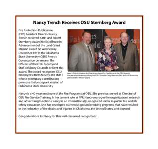Nancy Trench Receives OSU Sternberg Award Fire Protection Publications (FPP) Assistant Director Nancy Trench received Karin and Robert Sternberg Award for Excellence in Advancement of the Land-Grant