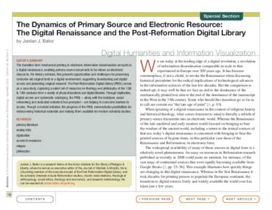 Special Section  The Dynamics of Primary Source and Electronic Resource: The Digital Renaissance and the Post-Reformation Digital Library Bulletin of the American Society for Information Science and Technology – April/