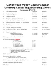Cottonwood Valley Charter School Governing Council Regular Meeting Minutes September 8th, 2010 I.  Call meeting to order