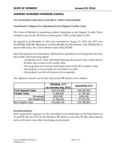 STATE OF VERMONT  January 22, 2014 VERMONT ECONOMIC PROGRESS COUNCIL TAX INCREMENT FINANICNG DISTRICT: TOWN OF HARTFORD