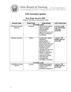 CPG Formulary Update New Drugs January[removed]Original New Drug Applications: FDA) Generic Name Clevidipine Butyrate Injection