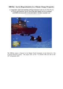 SIBClim - Sea Ice Biogeochemistry in a Climate Change Perspective A comparative study and modeling of biogeochemical cycles (C, N, P, Si, Fe, S) in Arctic and Antarctic sea ice, assessing their impact on CO2 exchange and