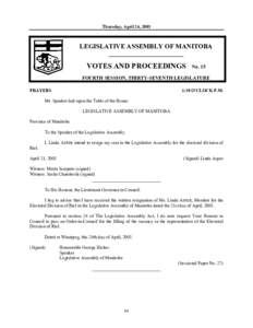 Thursday, April 24, 2003  LEGISLATIVE ASSEMBLY OF MANITOBA __________________________  VOTES AND PROCEEDINGS