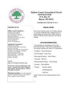 Ingham County Genealogical Society NEWSLETTER P. O. Box 85 Mason, MISUMMER 2011 VOLUME 14 NO. 3