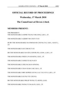 LEGISLATIVE COUNCIL ─ 17 March[removed]OFFICIAL RECORD OF PROCEEDINGS Wednesday, 17 March 2010