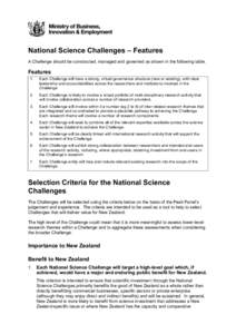 National Science Challenges – Features A Challenge should be constructed, managed and governed as shown in the following table. Features 1.