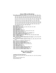 Status of Bills and Resolutions House bills passed and sent to Senate: Nos. 2001, 2002, 2004, 2005, 2006, 2010, 2013, 2014, 2019, 2021, 2031, 2032, 2033, 2034, Sub 2035, 2036, 2037, 2038, 2039, 2041, Sub 2042, 2044, 2046