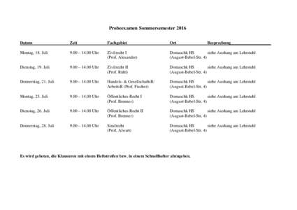 Probeexamen Sommersemester 2016 Datum Zeit  Fachgebiet