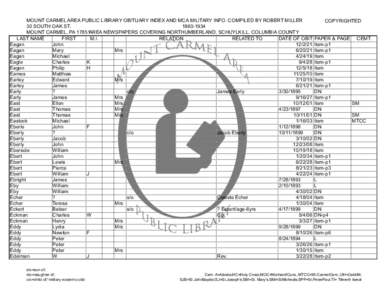 MOUNT CARMEL AREA PUBLIC LIBRARY OBITUARY INDEX AND MCA MILITARY INFO. COMPILED BY ROBERT MILLER COPYRIGHTED 30 SOUTH OAK ST[removed]MOUNT CARMEL, PA 17851AREA NEWSPAPERS COVERING NORTHUMBERLAND, SCHUYLKILL, COLUMBIA 