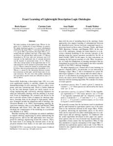 Exact Learning of Lightweight Description Logic Ontologies Boris Konev Carsten Lutz  Ana Ozaki