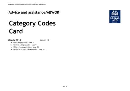 Advice and assistance/ABWOR Category Codes Card - March[removed]Advice and assistance/ABWOR Category Codes Card