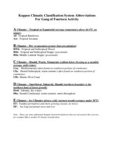 Koppen Climatic Classification System Abbreviations For Gang of Fourteen Activity A Climates – Tropical or Equatorial (average temperature above 64.4oF, no  winter)