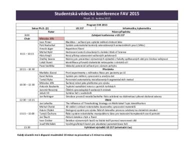 Studentská vědecká konference FAV 2015 Plzeň, 21. května 2015 Program SVK 2015 Sekce Ph.D. (2) Autor 8:00