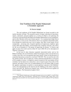 Oral Tradition, ): Oral Traditions of the Prophet Muḥammad: A Formulaic Approach R. Marston Speight