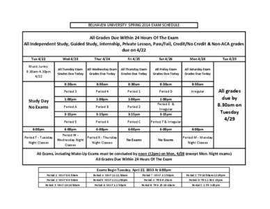 BELHAVEN UNIVERSITY SPRING 2014 EXAM SCHEDULE  All Grades Due Within 24 Hours Of The Exam All Independent Study, Guided Study, Internship, Private Lesson, Pass/Fail, Credit/No Credit & Non-ACA grades due on 4/22 Tue 4/22