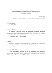 Results of Additional Environmental Radiation Monitoring Survey in Fukushima Prefecture June 6, 2011 Disaster Provision Main Office of Fukushima Pref. (Nuclear Power Team)  1. Monitoring date