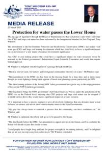 TONY WINDSOR B.Ec MP INDEPENDENT FEDERAL MEMBER FOR NEW ENGLAND PARLIAMENT OF AUSTRALIA HOUSE OF REPRESENTATIVES