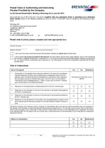 Postal Votes or Authorising and Instructing Proxies Provided by the Company for the General Shareholders’Meeting of Brenntag AG on June 20, 2012 We would ask you to fill in this form and send it together with your admi